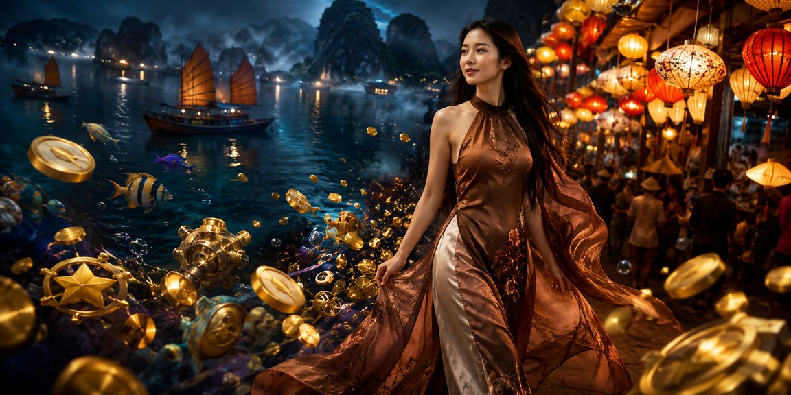 Người dùng mặc áo dài tại Vịnh Hạ Long trải nghiệm casino trực tuyến bj666 trên điện thoại