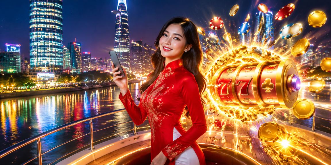 Người dùng Hà Nội mặc áo dài trải nghiệm slot game trên màn hình lớn về đêm