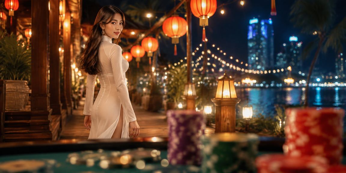Người dùng tại Phú Quốc mặc áo dài trải nghiệm casino trực tuyến bên resort biển